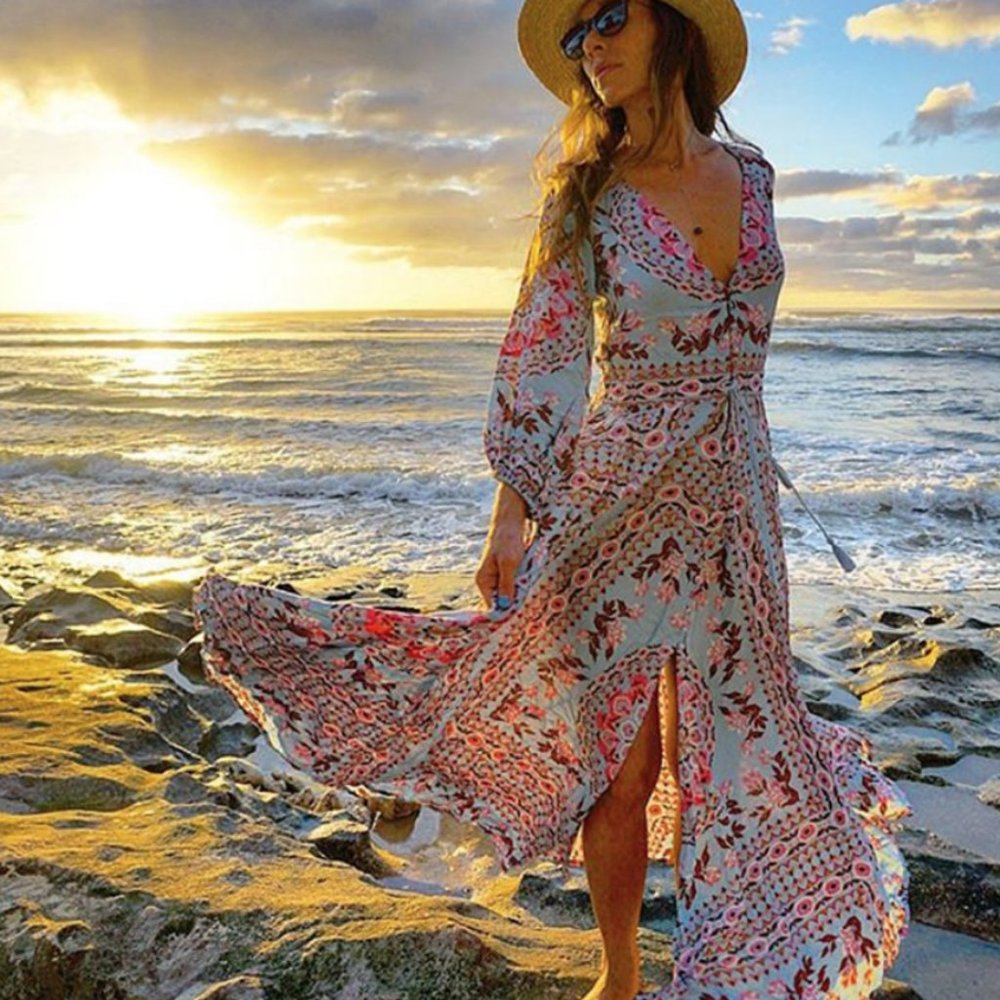 Bohemian Gypsy Blue Floral Print Maxi Dress - Picture 4 of 5